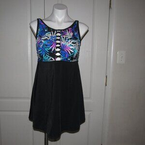 SWIMSUITS FOR ALL Black Floral Swimdress Swimsuit Size 14